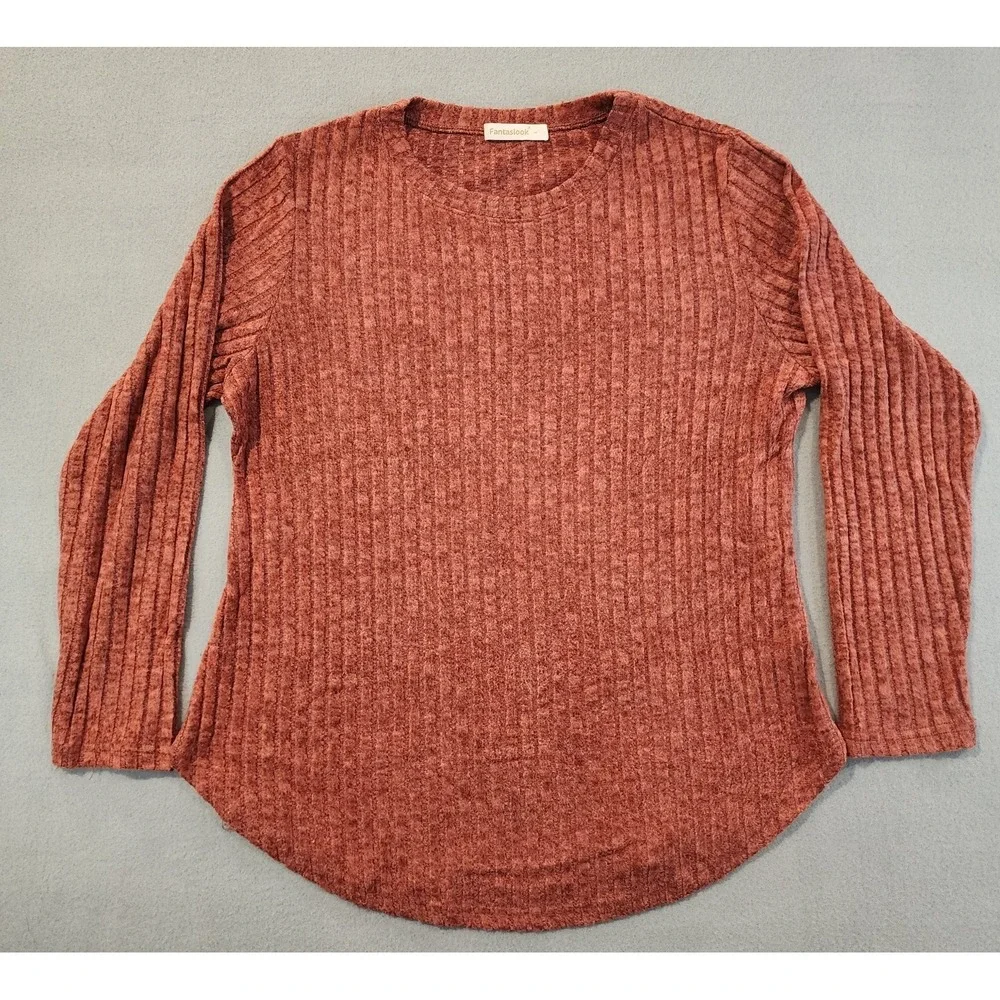 Fantaslook Women's Ribbed Knit Sweater Rust‎ Orange Long Sleeve Large